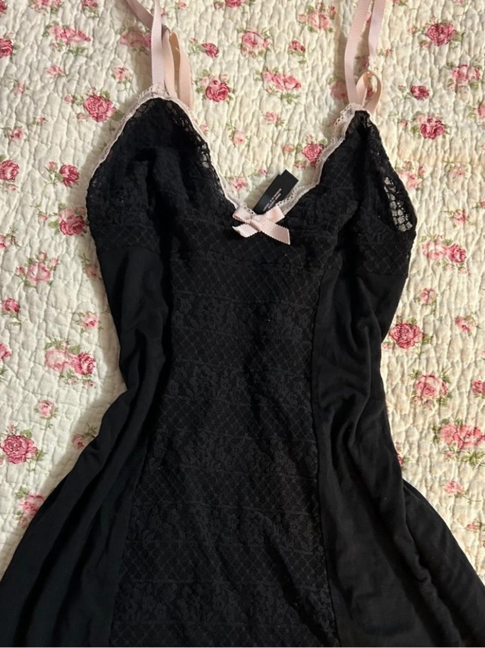 Victoria's Secret Black Lace-Trim Chemise with Pink Straps